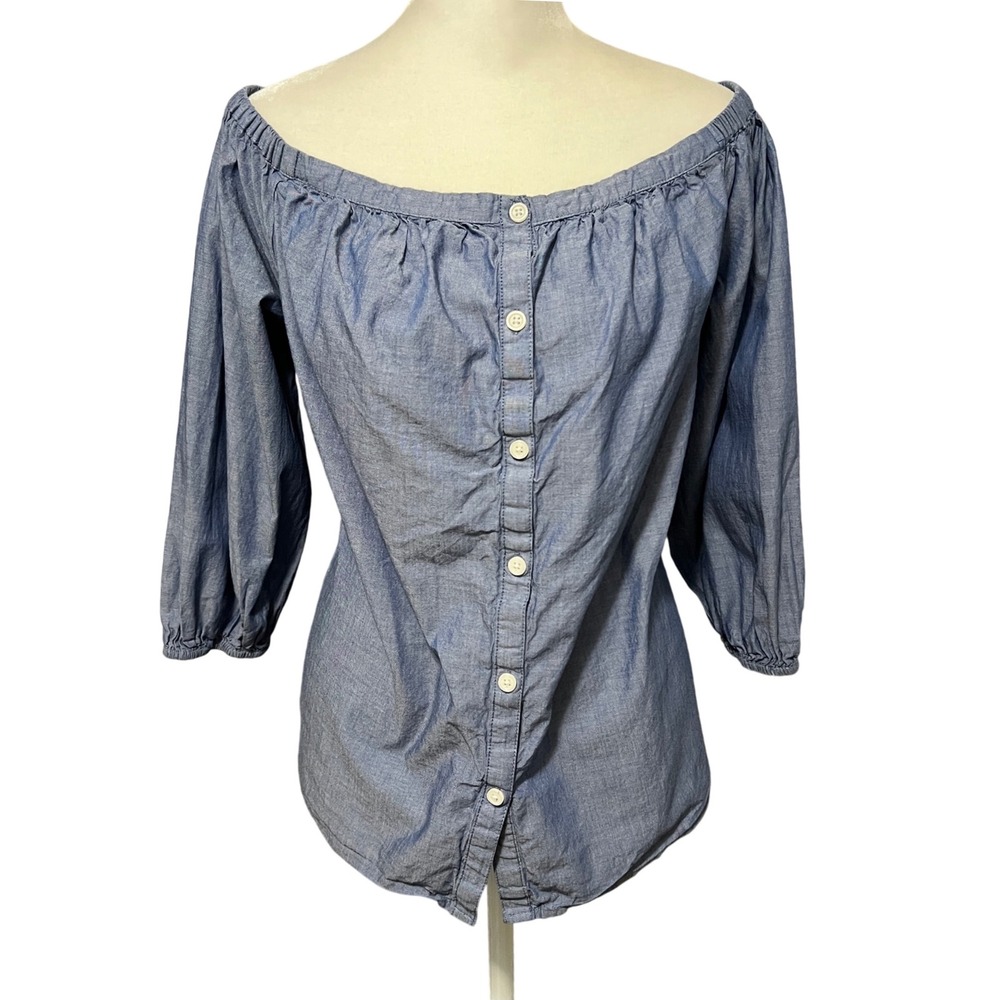Merona‎ Chambray Cotton Blouse M Off Shoulder Blue Button Front Peasant Top